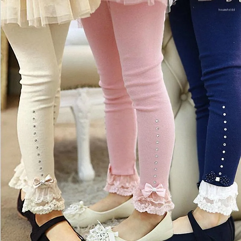 Calças 3t a 11t crianças meninas primavera outono renda guarnição plissado strass leggings crianças princesa algodão casual magro legging roupas