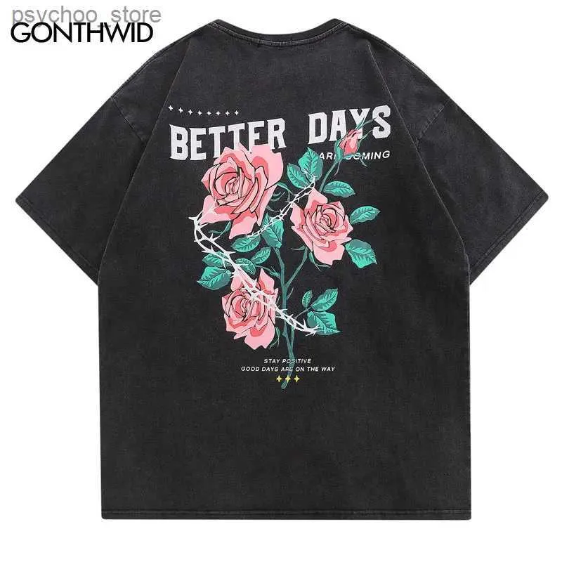 Herren T-Shirts Distressed T-Shirt Streetwar Hip Hop Floral Rose Brief Drucken Vintage T-shirt Männer Harajuku Sommer Casual Baumwolle Lose Shirts Top Q240130