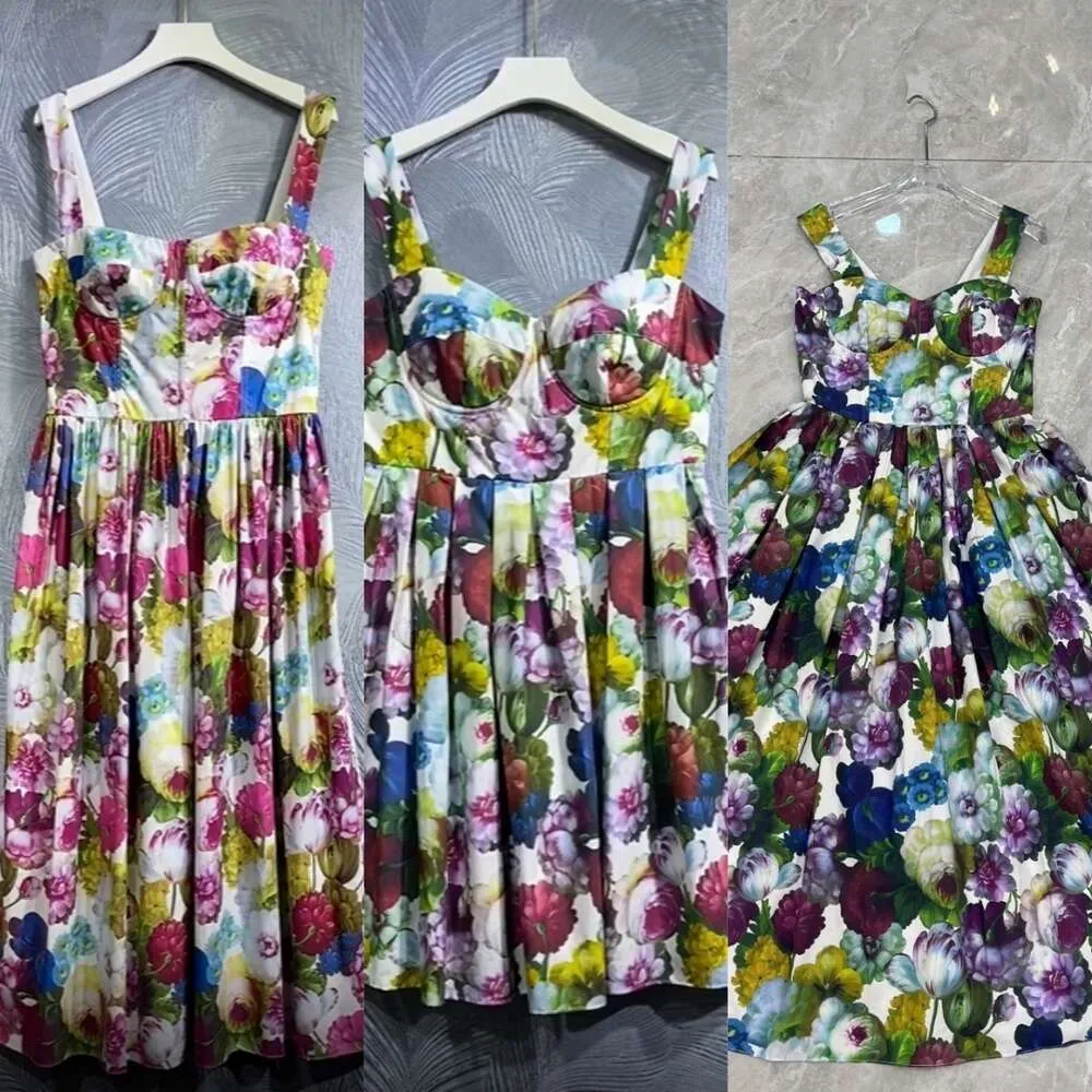 Summer Collection Dresses For Women Slim Waist Pleated Wide Shoulder Straps Umbrella Skirt Long Skirt Rose Garden Dress For Women S-XL FZ0087