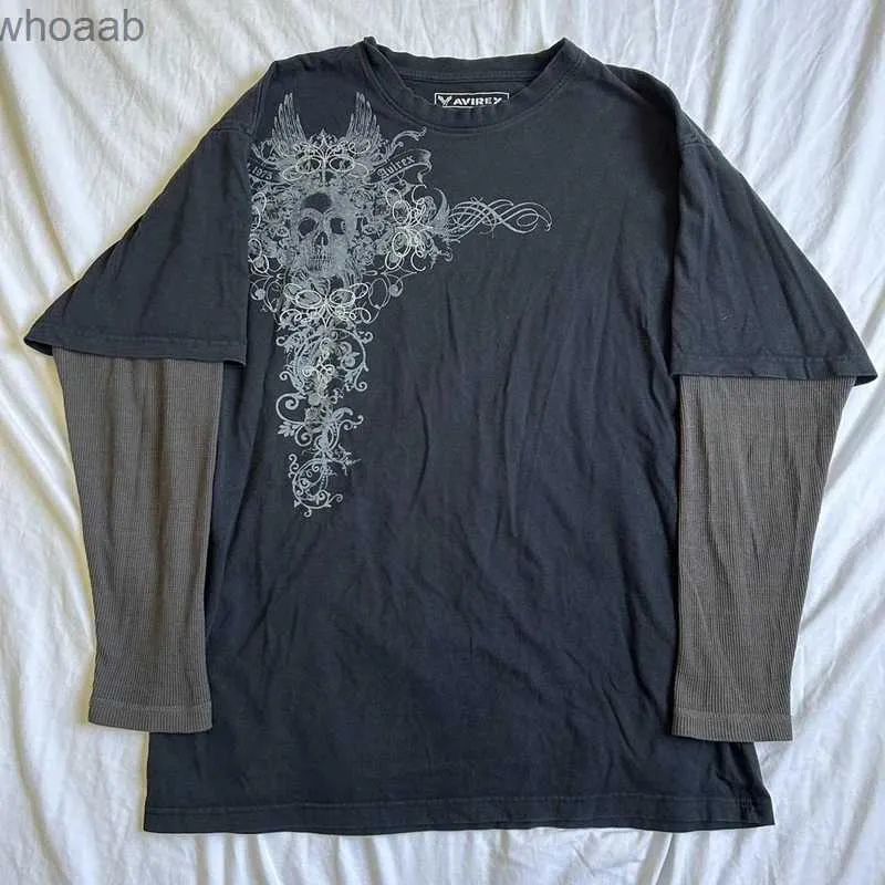 Herren T-Shirts 90er Jahre Vintage Cross Skull Print T-Shirt Mall Goth Grafik Langarm Patchwork T-Shirt Harajuku Retro Y2k Crop Top Damen Streetwear 240130