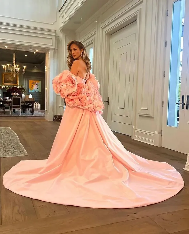fitted lace wedding dress Long Blush Pink Mermaid Prom Dress with Short Sleeves– PromGirl main image 0
