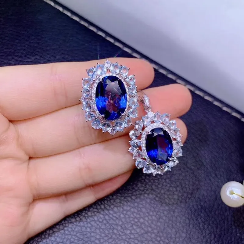 Ringar sterling Sier Natural Sapphire Ring Pendant Jewelry Set Wedding Engagement Rings for Women