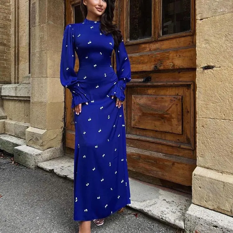 Vestidos casuais tornozelo picante menina feminina impressa em torno do pescoço vestido de manga comprida na moda outono com uma cintura drapeada e saia de cetim