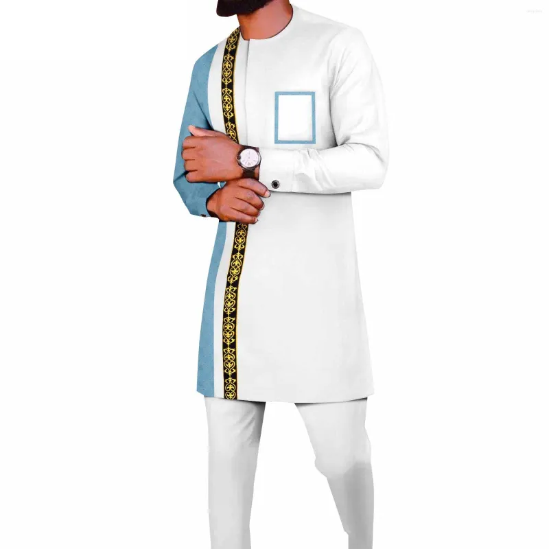 Ethnische Kleidung Afrikanischer Anzug für Männer Dashiki Lange bestickte Hemden und Hosen 2-teiliges Set Slim Fit formelle Outfits Hochzeitsfeier Abend