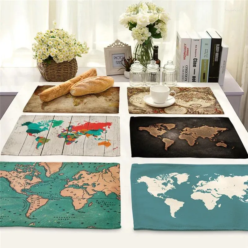 Placemats 42x32cm Linnen Wereldkaart Eetkamerplacemats Salontafels Antislipmat Onderzetters Serviesborden Keukenaccessoires