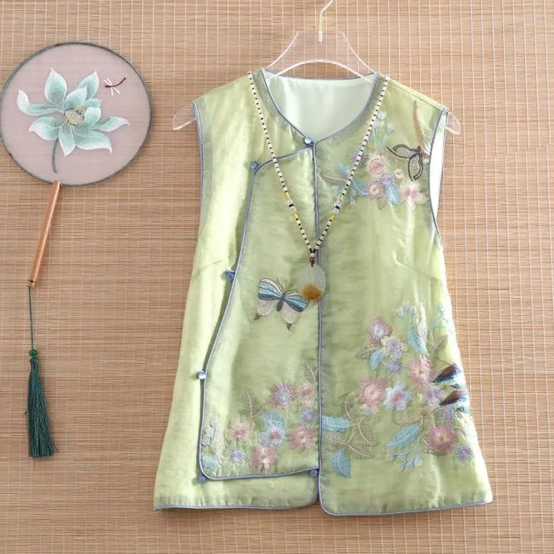 Ethnic Clothing Style Short Vest 2024 Summer Flower And Bird Embroidery Sleeveless Vintage Elegant Top
