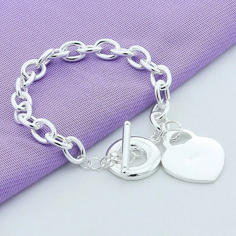 925 Stamped Brand Designer Bracelets for Women T O Heart Clasp Sterling Silver Girls Lady Charms Jewelry Fashion Link Chain Bangle