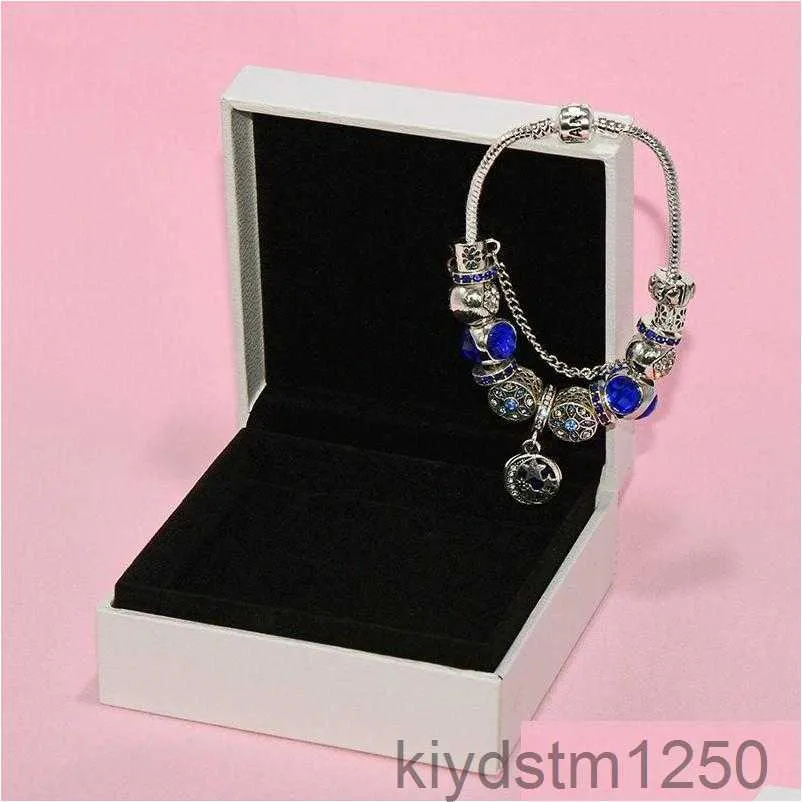 Bedelarmbanden Mode Blauwe Hanger Armband voor Sieraden Sier Plated Diy Ster Maan Kralen met Doos Drop Delivery Dhlae XqymRPNB