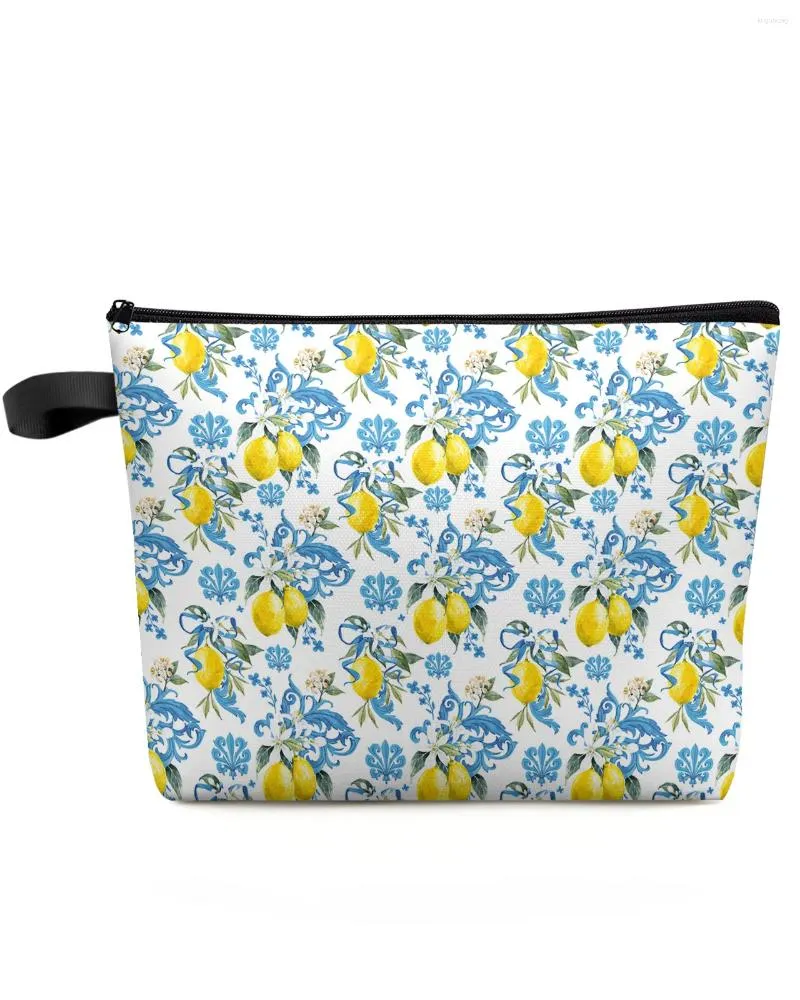 Cosmetic Bags Lemon Baroque Flower Blue White Makeup Bag Pouch Travel Essentials Lady Women Toilet Organizer Storage Pencil Case