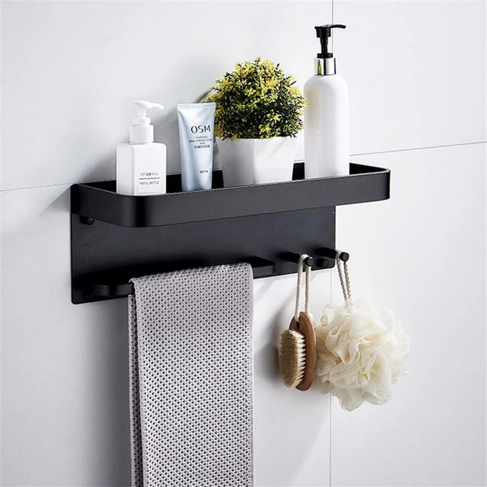 Étagère de salle de bain en aluminium noir, étagère d'angle carrée pour bain et douche, organisateur de rangement mural avec crochets et porte-serviettes 263f