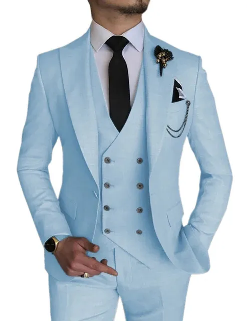 Traje azul cielo de negocios inteligente a la moda para hombre, trajes de boda para hombre, esmoquin con solapa para novio, chaqueta para graduación Terno Masculino, 3 piezas 240125