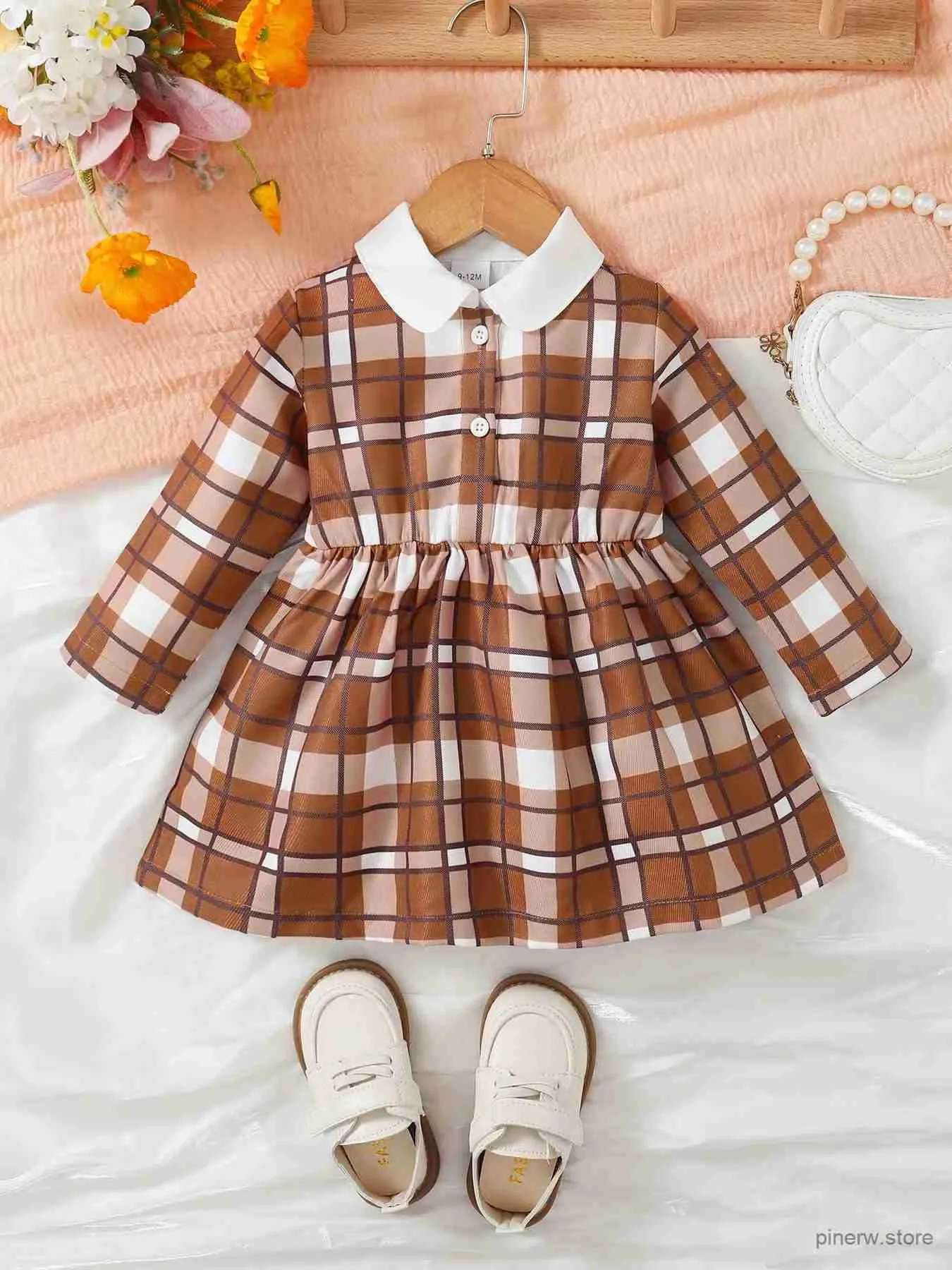 Vestidos da menina crianças menina vestido de manga longa moda linda gola de boneca vestido xadrez primavera e outono para criança bebê menina 0-3 anos