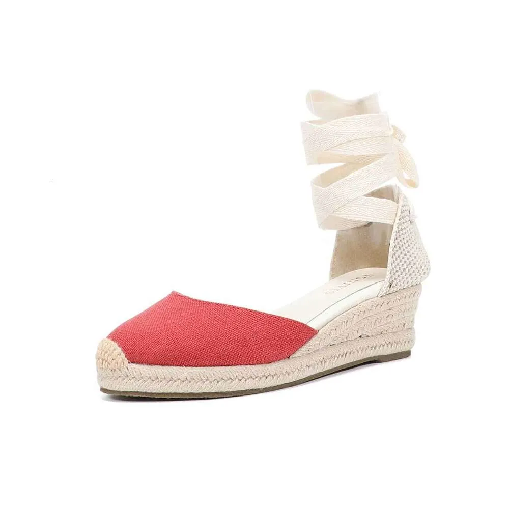 Summer Linen Platform Wedge Pump Ankle Strap Chunky Heel Covered Toe Ladies Roman Sandals Skirt Shoes