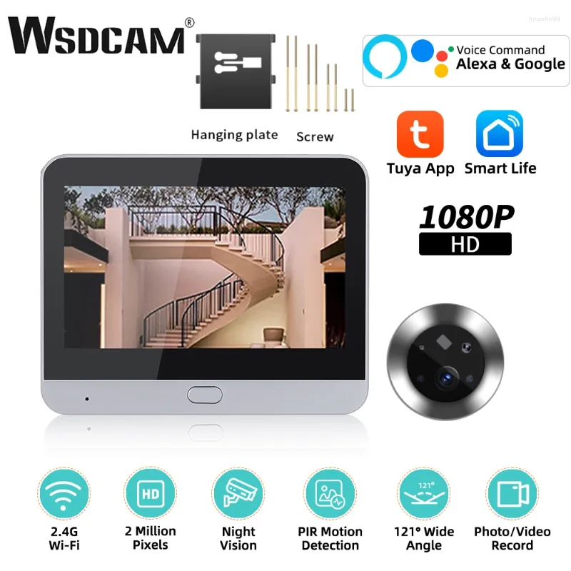 Дверные звонки WSDCAM Wi-Fi Внутренняя камера 1080P Tuya Глазок Дверной звонок PIR Обнаружение движения Дверной просмотрщик Ночного видения Односторонний разговор 5000 мАч