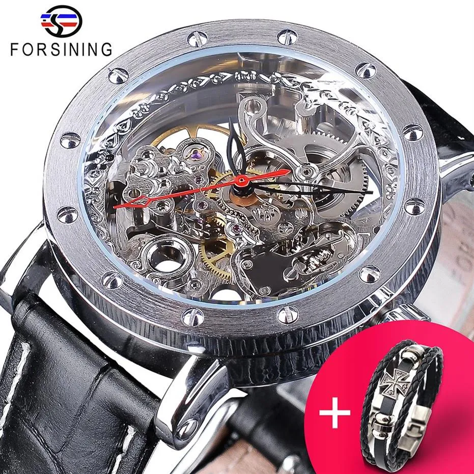 Forsining relógio pulseira conjunto combinação prata esqueleto mão vermelha preto couro genuíno relógios automáticos masculino transparente clock266h