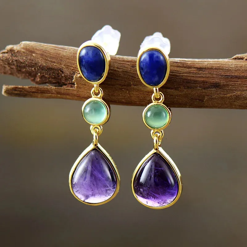 Classy Women Gold Plated Amethysts Lapis Stones Dangling Stud Earrings Party Bold Art Dec Jewelry Bijoux Wholesale 240123