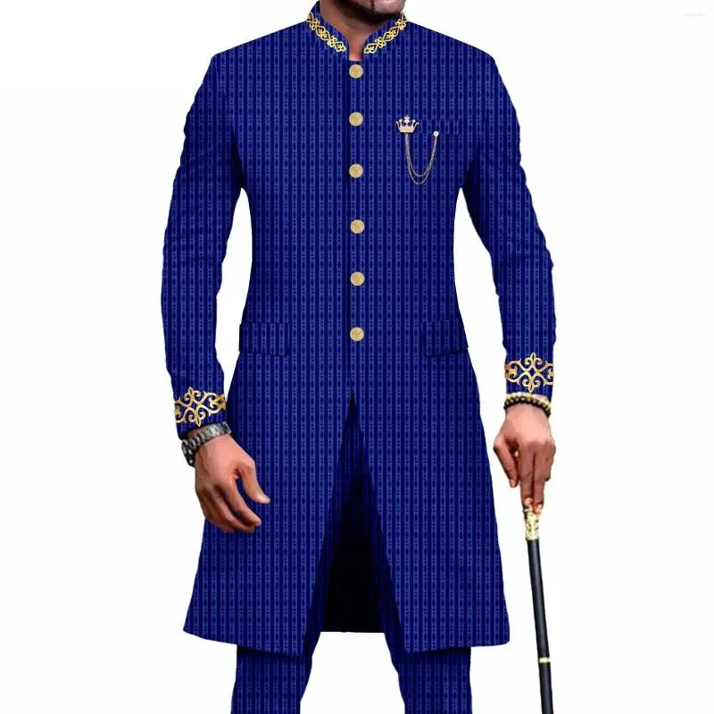 Ethnic Clothing African Suit For Men Dashiki Long Embroidery Jackets And Pants 2 Piece With Kerchief Slim Fit Formal Outfits Wedding Gown