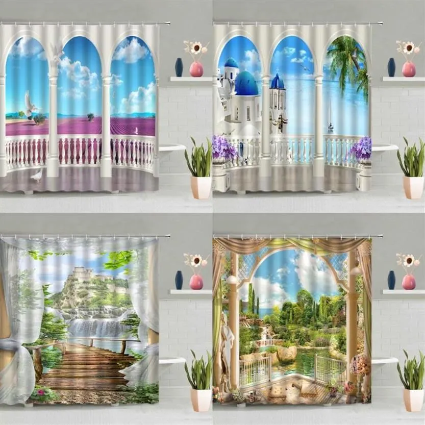 Занавески для душа в европейском стиле, занавеска с пейзажем, океан, водопад, лес, цветок, зеленые листья, растение, природный пейзаж, экран для ванны W316V