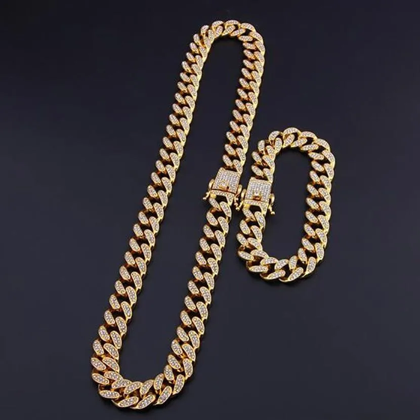 13mm Cuban Link Ketten Halskette und Armband Set Mode Hiphop Schmuck Strass Iced Out Halsketten für Männer229n