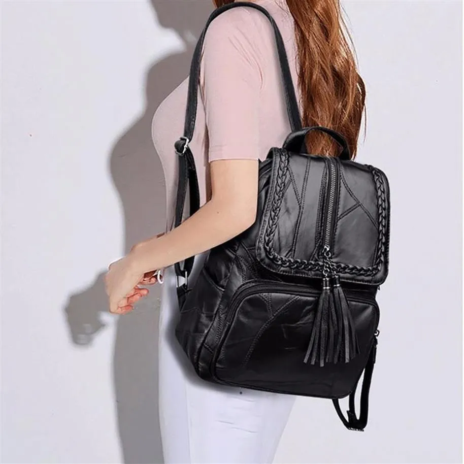 Damen-Rucksack aus PU-Leder, Schultasche, klassisch, schwarz, wasserdicht, für Reisen, Multifunktions-Schulter, Style247r