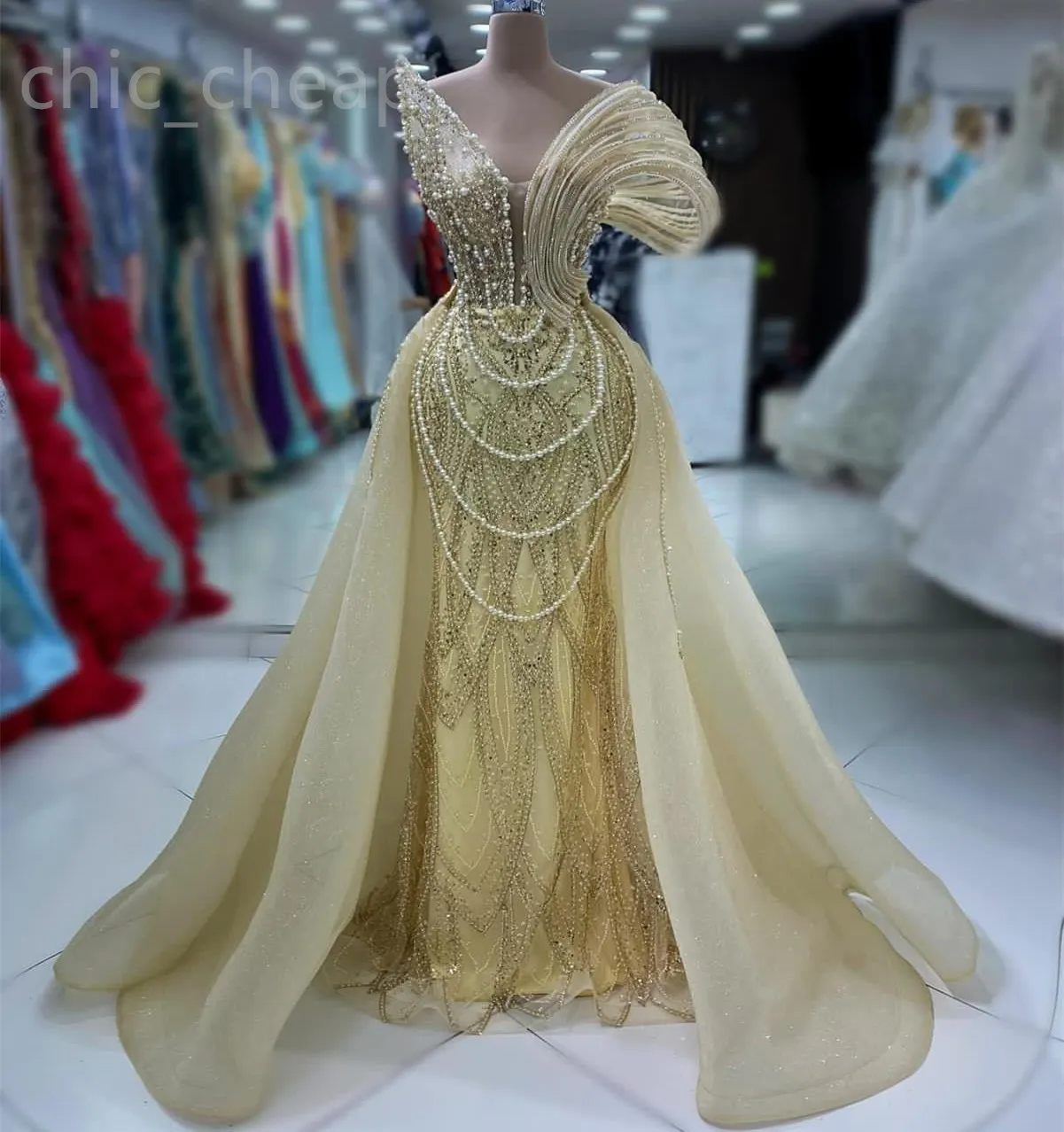 ASO EBI 2024 Gold Mermaid Prom Dress Pearls Sequined Lace Evening Party Party Second Reception Födelsedagsengagemang Klänningar Klänningar Robe de Soiree ZJ81 ES