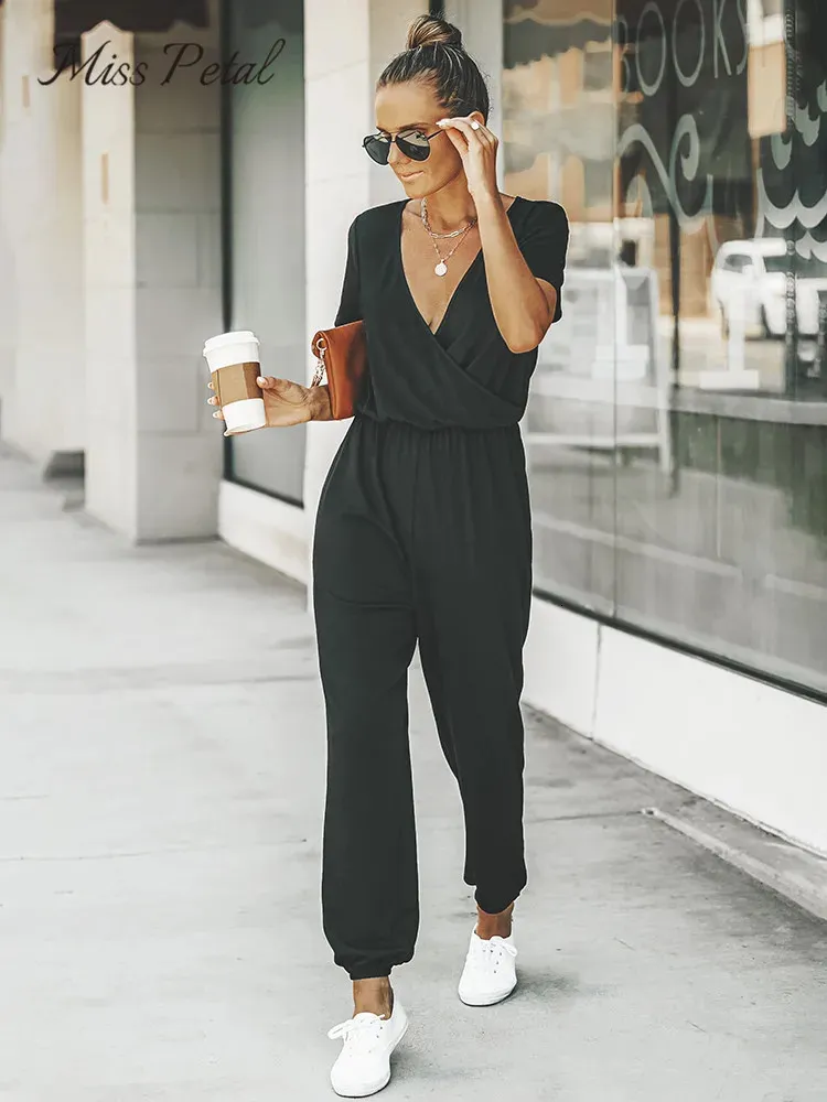 MISS PETAL Vneck Short Sleeve Jumpsuit For Woman Casual Long Jogger Pants Playsuit Summer Overalls Bodysuits Rompers 24030