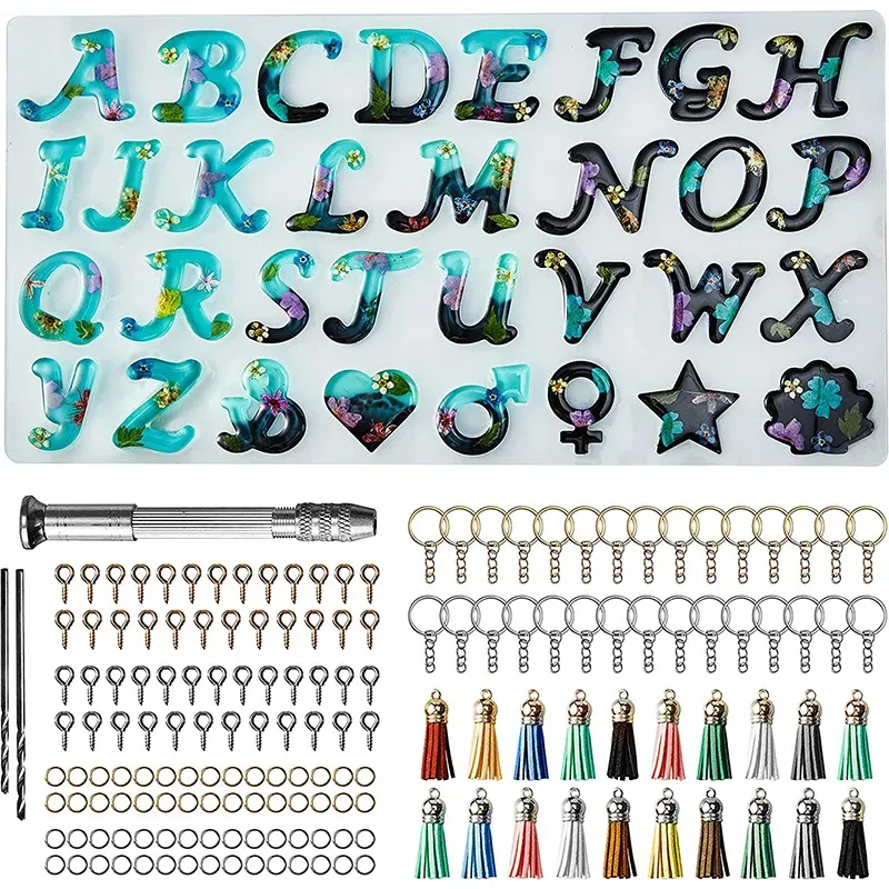 Equipments 26-Buchstaben-Harzform-Set, Herz-Symbol, Pentagramm, Epoxid-Silikonform für Schlüsselanhänger, Anhänger, Schmuckherstellung, Werkzeug, Schmuck-Werkzeug-Set