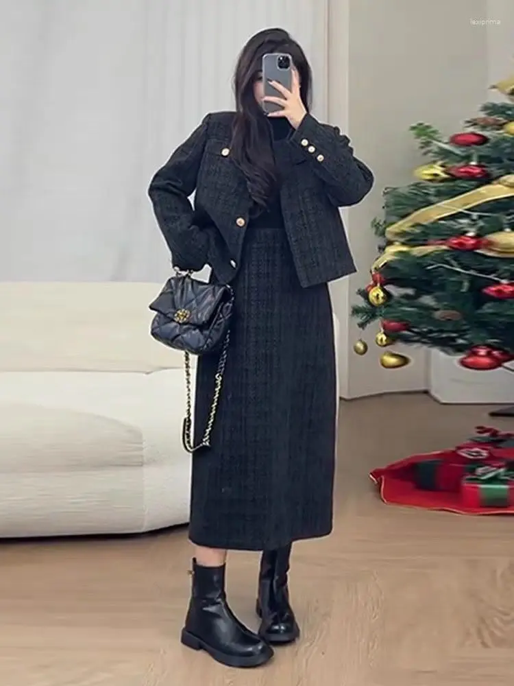 Two Piece Dress Plus Size 300kg Women's Plaid Suit Socialite Coat Skirt Autumn And Winter High-end Fat MM Slimming Jacket Two-piece Set