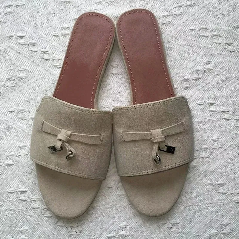 LP Pianass Summer Charms glider utsmyckade mocka tofflor Luxe Sandaler skor äkta läder Öppna tå avslappnade lägenheter för kvinnor lyxdesigners fabriksskor
