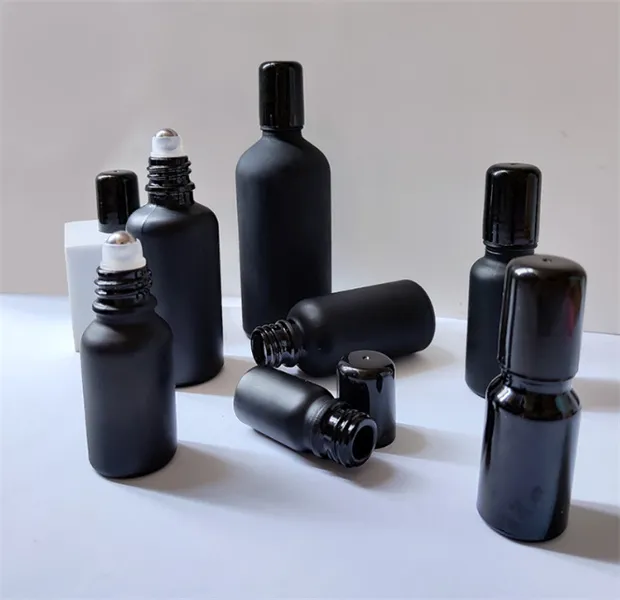 10ml 5ml 15ml 20ml 30ml 50ml 100ml Perfume Roll On Glass Bottle Black Frost with Metal Glass Ball Roller Essential Oil Vials JL9533