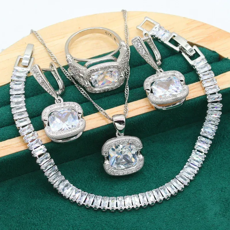 Halskette Exquisites 925er Silber-Schmuckset für Frauen, weiße Kristallohrringe, Halskette, Anhänger, Ring, Hochzeitsarmband, Braut, Weihnachtsgeschenk