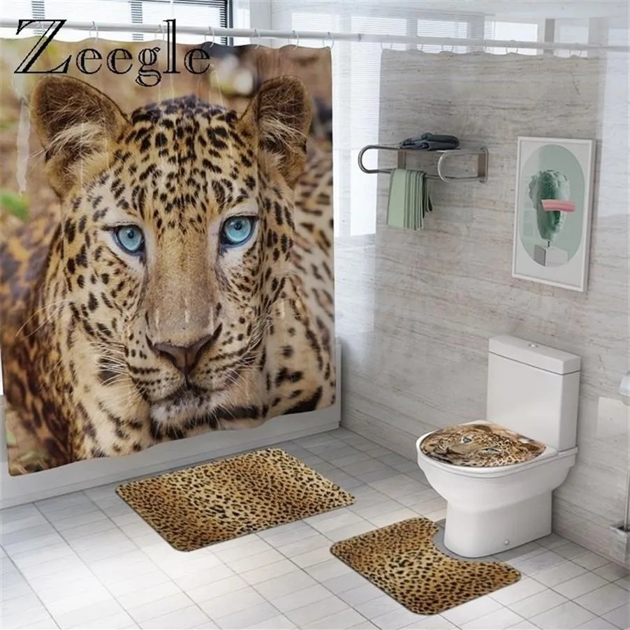 Pelliccia di animali Leopardo Tenda da doccia Set tappetino da bagno Morbido tappeto da bagno per il bagno Copertura divertente Sedile del WC Tenda da bagno impermeabile 2270u
