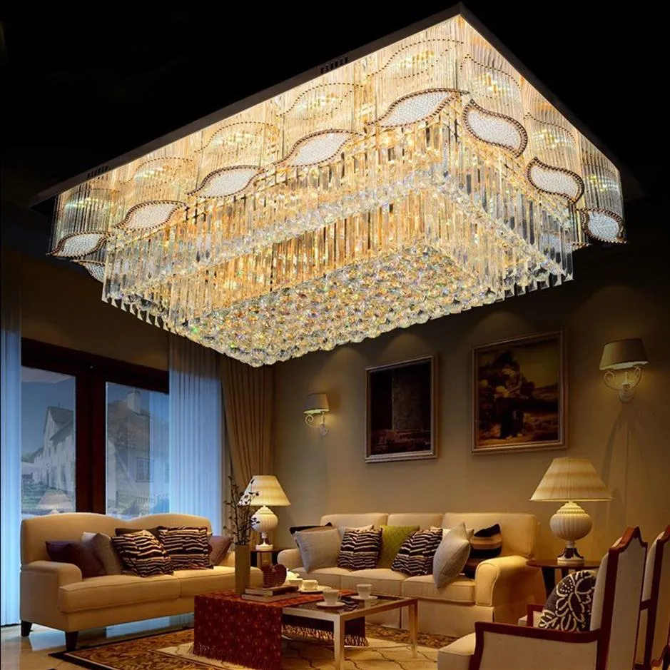 luxuriöse el Wohnzimmer Villa Rechteck 3 Helligkeit Gold K9 Kristall Deckenleuchte Kronleuchter Band LED Glühbirne Fernbedienung contr270w