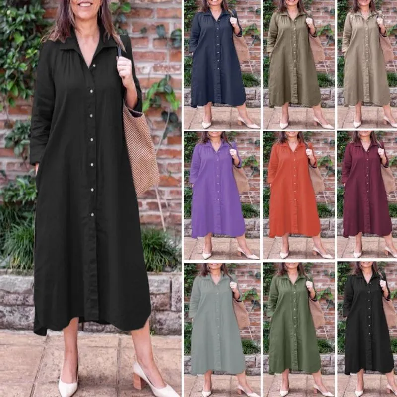 Party Dresses Autumn Spring Plus Size Ladies Kaftan Womens Casual Loose Cotton Linen Long Sleeve Shirt Dress Mid-Calf For Women