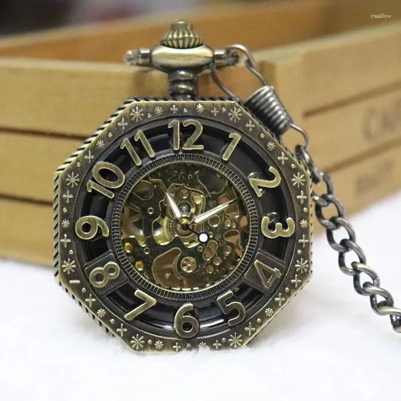 Taschenuhren Luxus Bronze Mechanische Uhr Für Männer Frauen Hohl Große Zahl Steampunk Fall Zifferblatt Fob Kette Anhänger Uhr Dropship