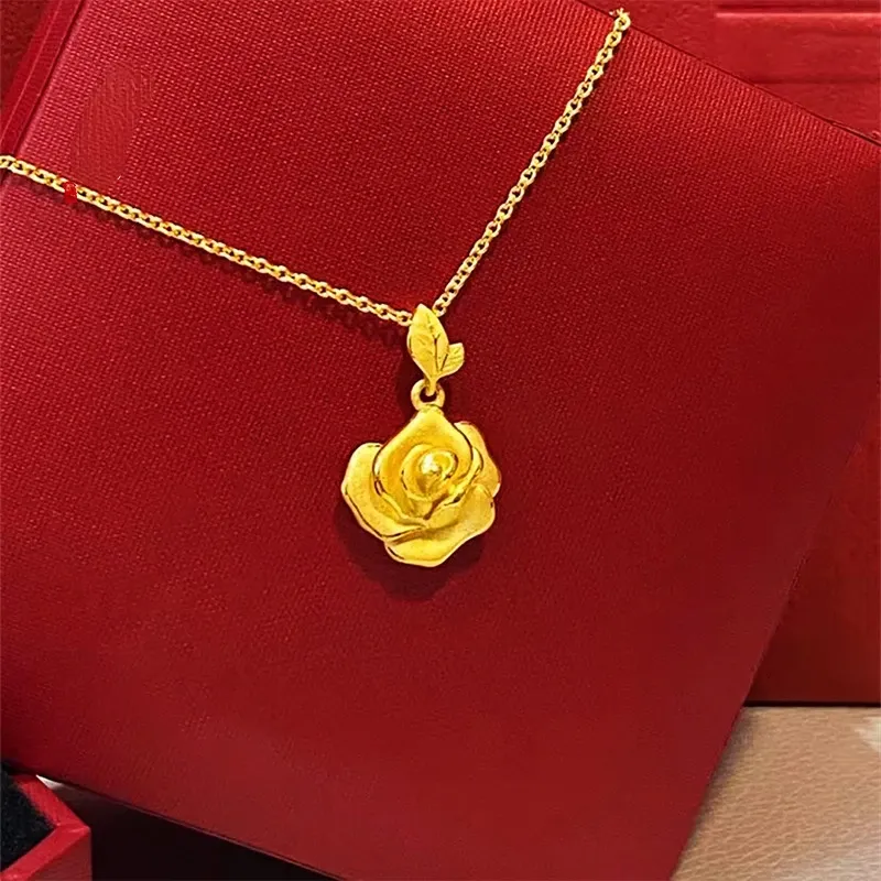 Necklace Pure Yellow Gold Rose Pendant for Women Fine Jewelry Gifts Real 24k 999 Yellow Gold Color O Link Chain Jewelry Gifts