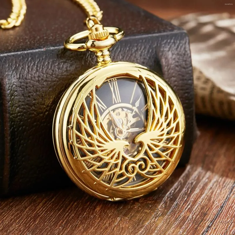 Pocket Watches Steampunk Golden Hollow Phoenix Carving Mechanical Watch Roman Normals Display Pin Chain Retro Clock