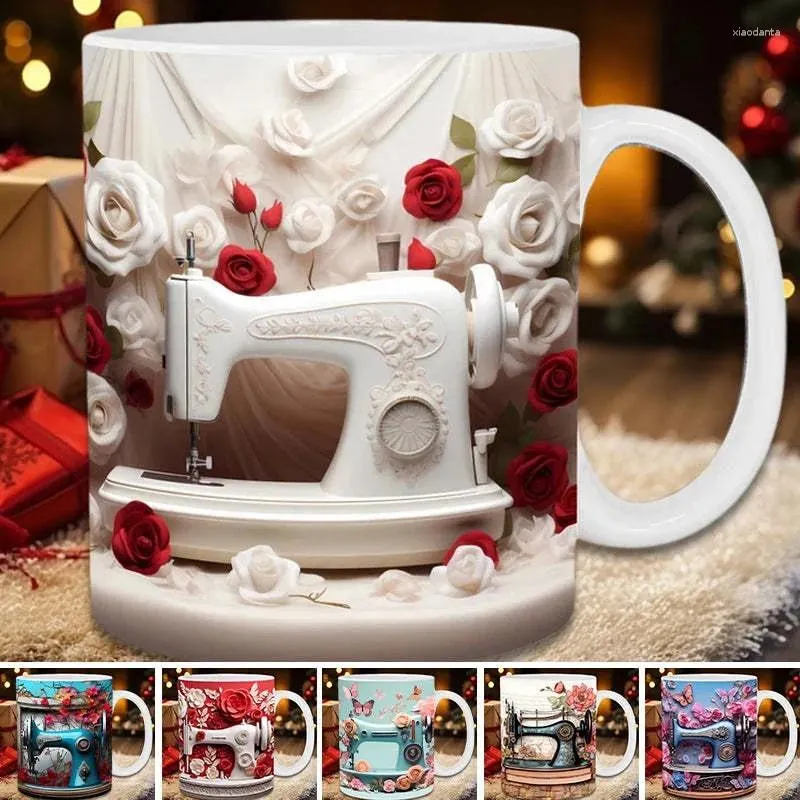 Mokken 3D Geschilderd Naaimok Machine Patroon Keramiek Koffie Creatieve Ruimte Ontwerp Thee Perfecte cadeaus voor geliefden