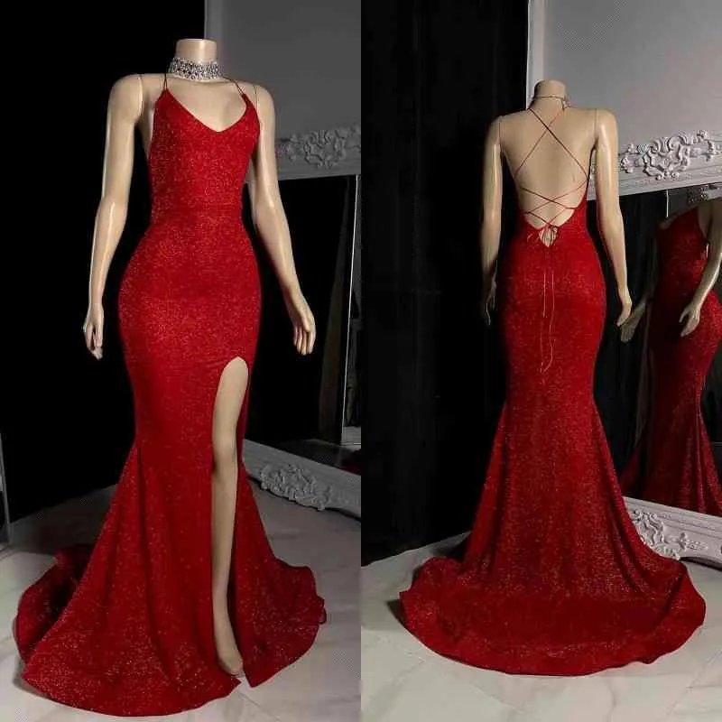 Sparkle Red paljetter Aftonklänningar Sexig mantel Mermaid Spaghetti Stems Backless Split Long Prom Party Gowns BC18121