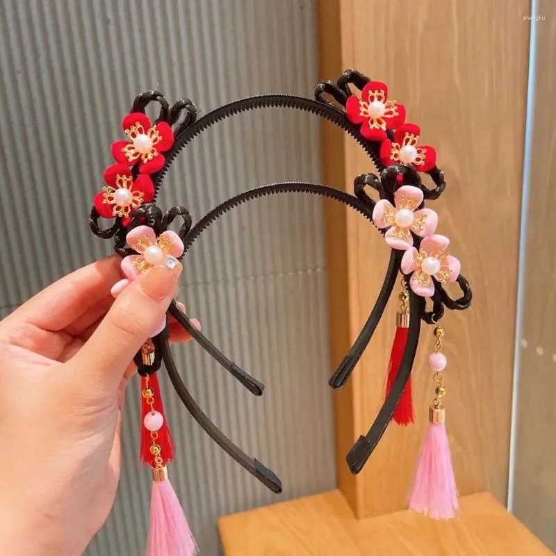 Acessórios de cabelo estilo chinês hanfu flor borla bandana bonito crianças peruca trança arco hairband ano cocar