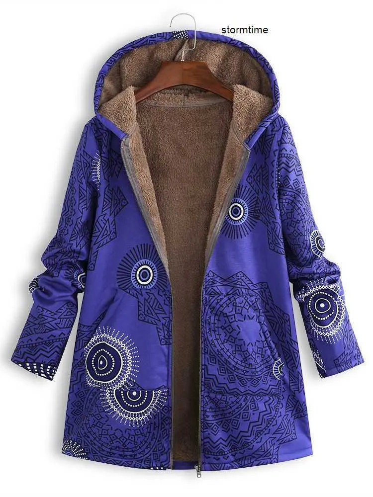 5XL Winter Warm Thin Fleece Jackets Harajuku Printed Jacket Women's Retro Oversized Zipper Hooded Coat With Pocket Femme