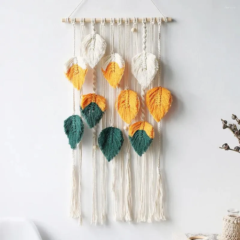 Tapeçarias ins estilo nórdico mão-tecido pena folha tapeçaria marroquino colorido tecido corda decoração de parede homestay fundo tecido
