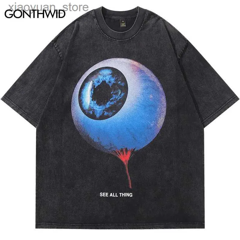 Women's T-Shirt Vintage Oversized T-Shirt Hip Hop Eye Graphic Print Punk Gothic Washed Tshirt Streetwear 2024 Harajuku Cotton Loose Shirts Tops 240130