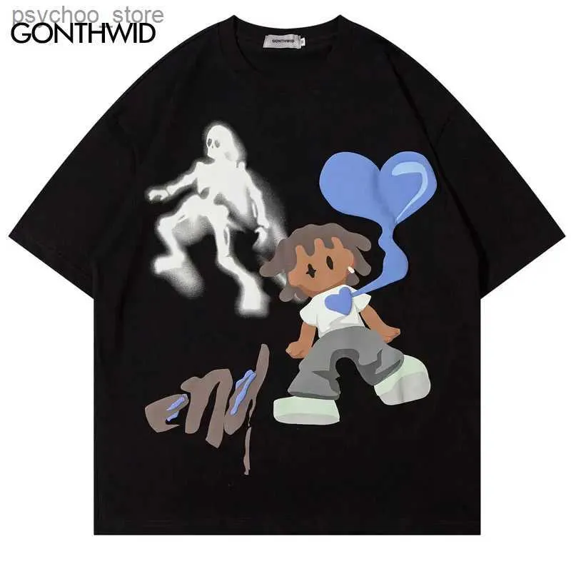 Herr t-shirts harajuku grafiska män tshirt streetwear hip hop tecknad skalle hjärttryck överdimensionerad t-shirt 2023 män mode lös bomull tee topp q240130