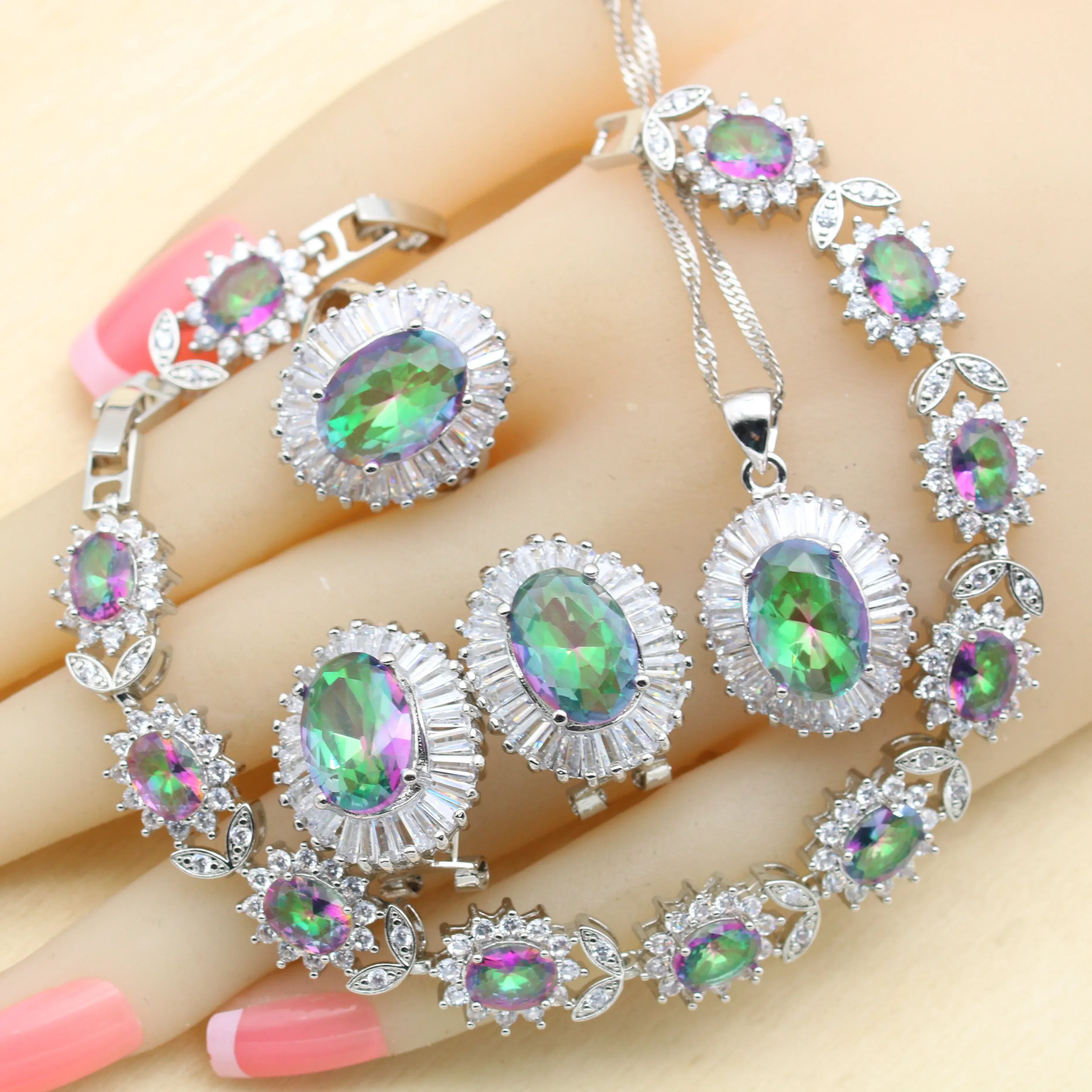 Halsbandsilver 925 Brudsmyckesuppsättningar för kvinnor Multicolor Rainbow Crystal Necklace Pendant Armband örhängen Ringar gratis presentförpackning