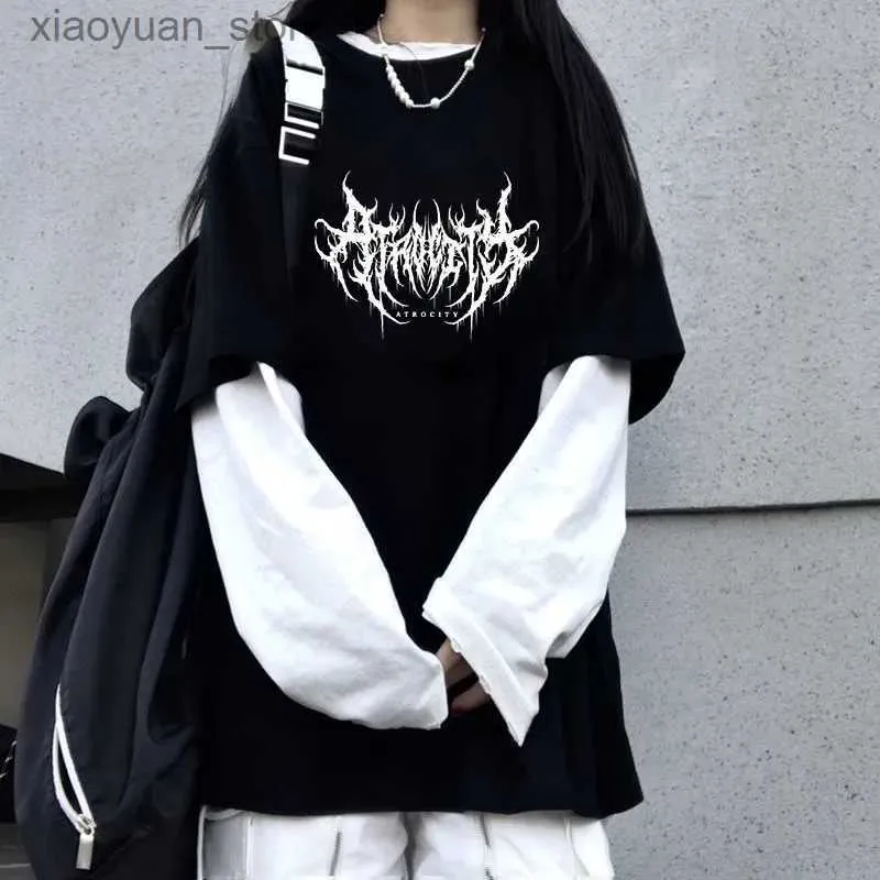 T-shirt Femme Lightning Lettre Imprimer Y2K Goth Punk Surdimensionné Femmes T-shirt 90s Vintage Hip Hop Streetwear Kawaii Mode Casual Faux Deux Top 240130