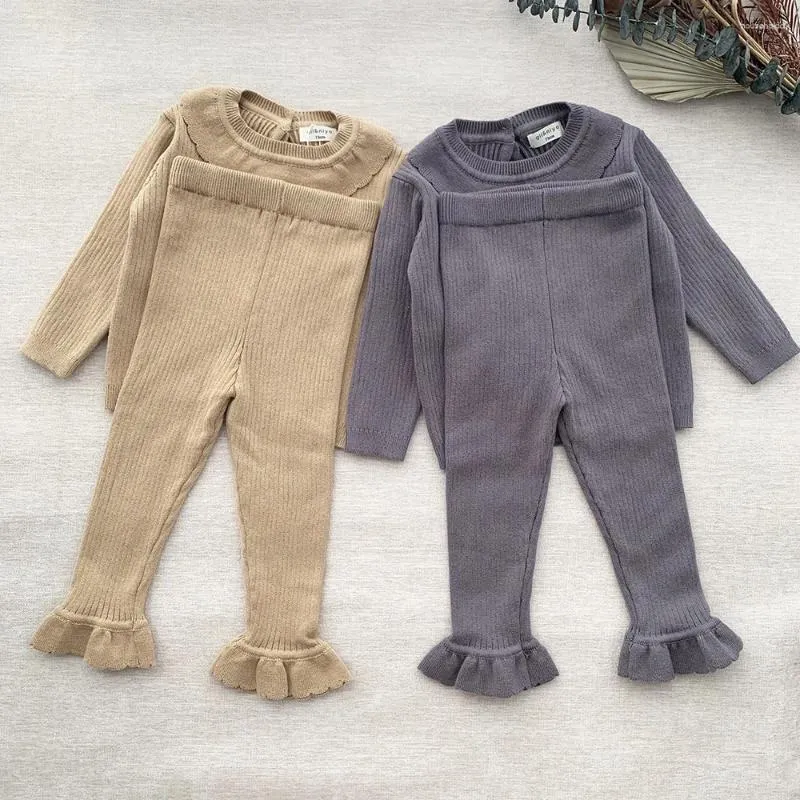 Ensembles de vêtements Deer Jonmi Style coréen Automne Tout-petits Filles Tenues tricotées Volants Hauts Pantalons évasés 2pcs Bébé Enfants Élastique Chaud