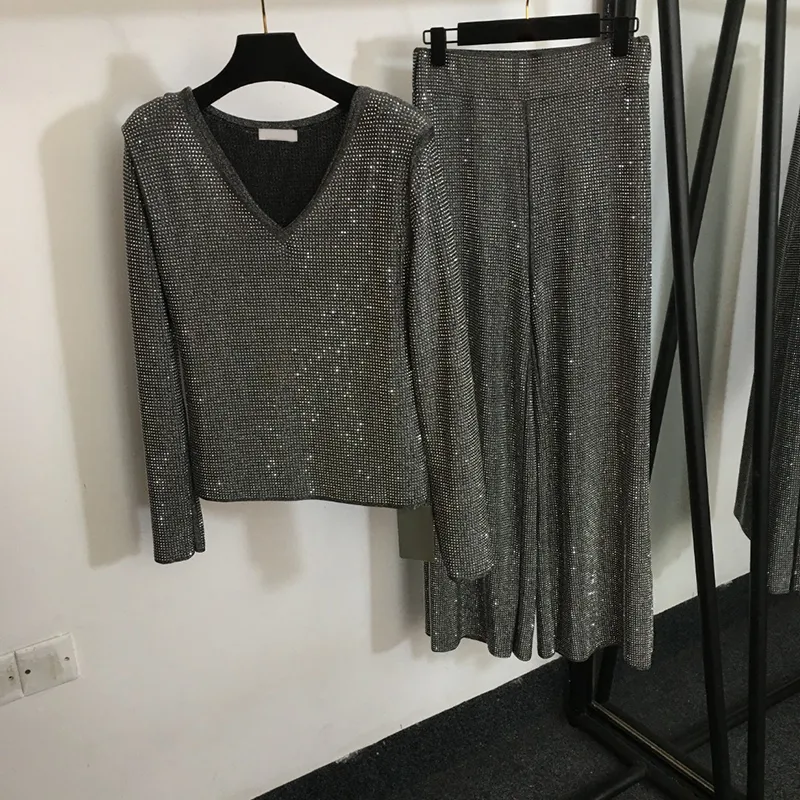 Ensemble chemise et pantalon en diamant, haut classique à col en V, survêtement taille haute, pantalon ample, deux pièces, t-shirt