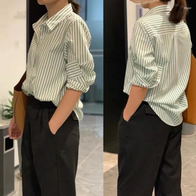 Blusas femininas 2024 mulheres frescas listras verdes comutando forma simples camisa de algodão de manga comprida