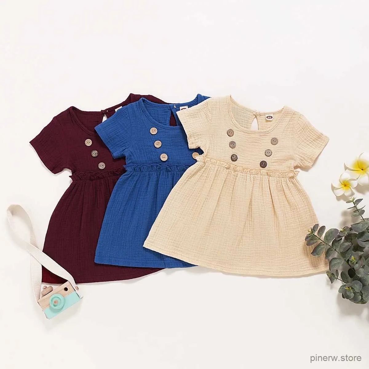 Robes de fille 1-4 ans enfant en bas âge fille robe d'été 3 couleurs respirant coton lin à manches courtes jupe trapèze enfants fille tenue décontractée quotidienne